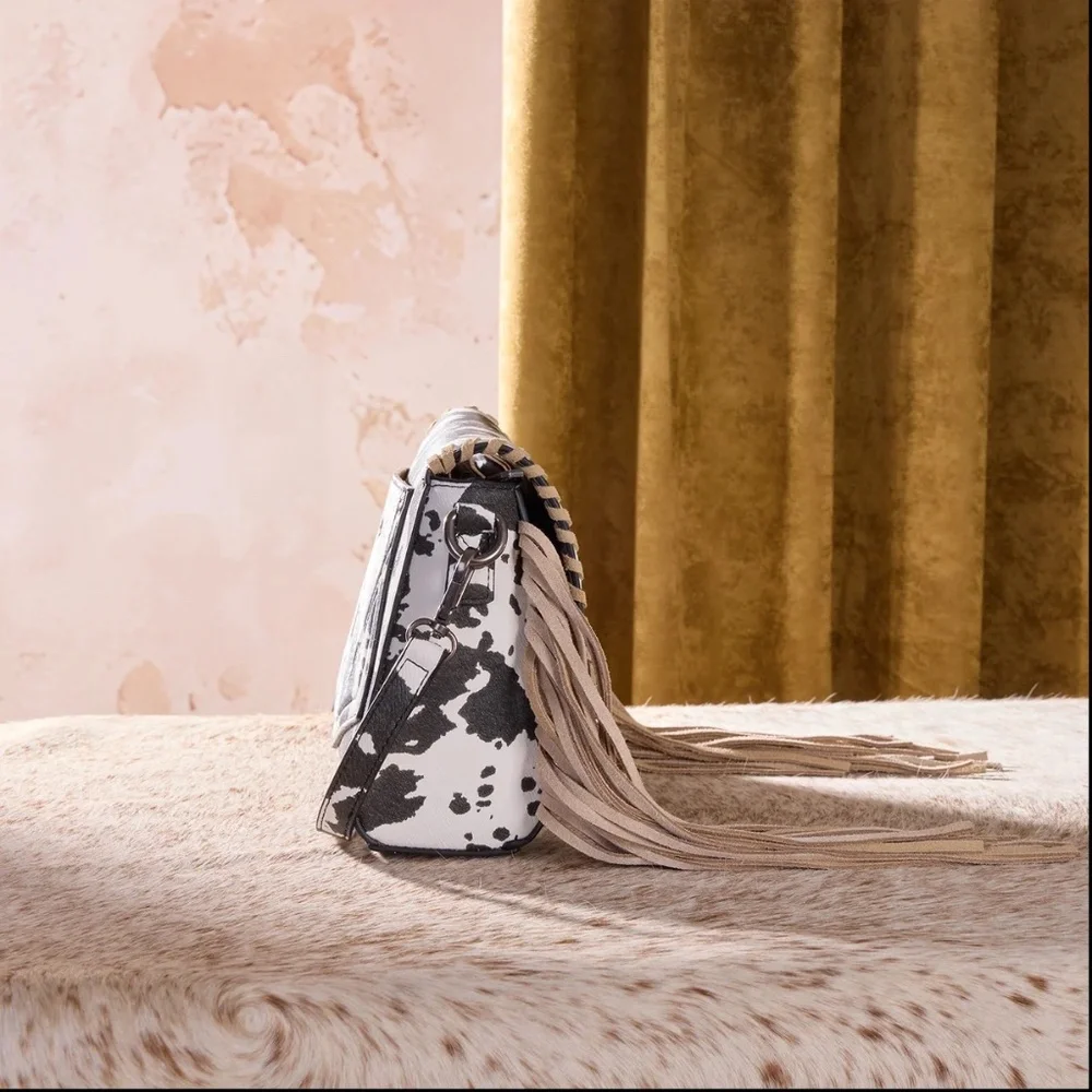 Wrangler Cow Print Fringe Crossbody Bag -Black - Picture 6 of 8